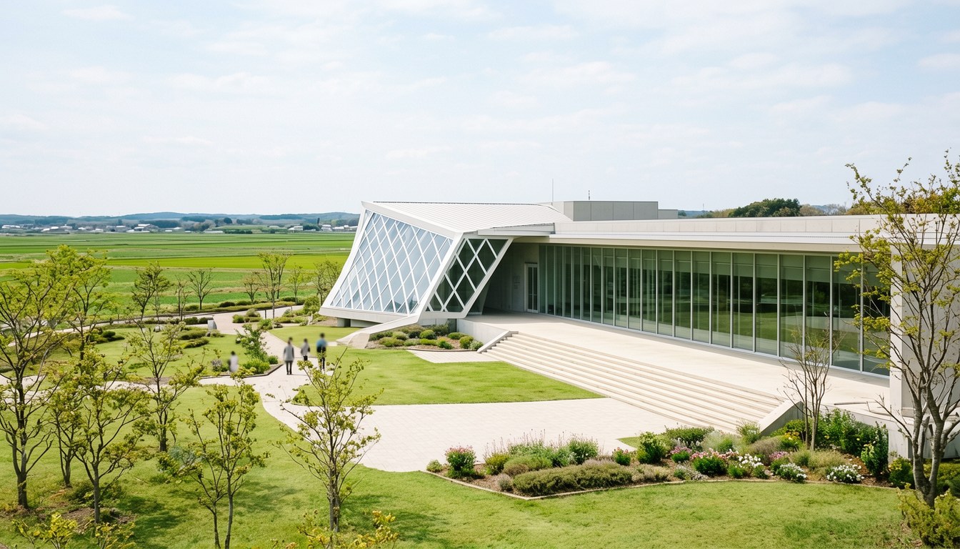 KURKKU FIELDS園區內嘅新美術館概念示意，現代建築同丘陵地帶相融