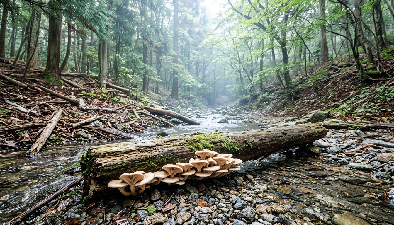 奧入瀬渓流嘅森林溪流，覆蓋苔蘚嘅倒木同林下地被，秋季光影