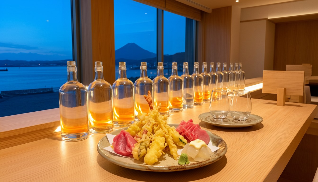 酒店大堂嘅本格燒酎試飲場景，桌上擺放多款燒酎小杯同甘薯鄉土菜
