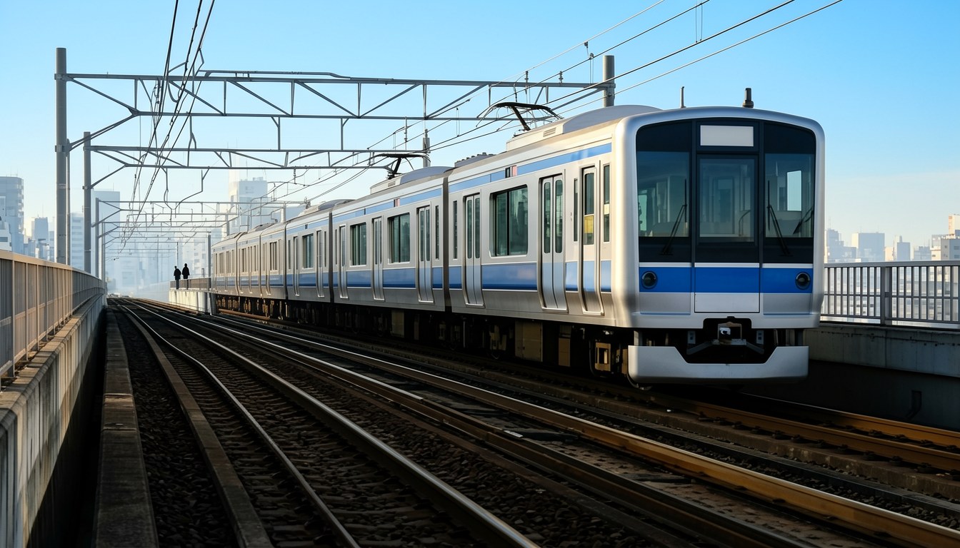 日本鐵路月台,列車停靠,乘客排隊,遠處無清晰臉部