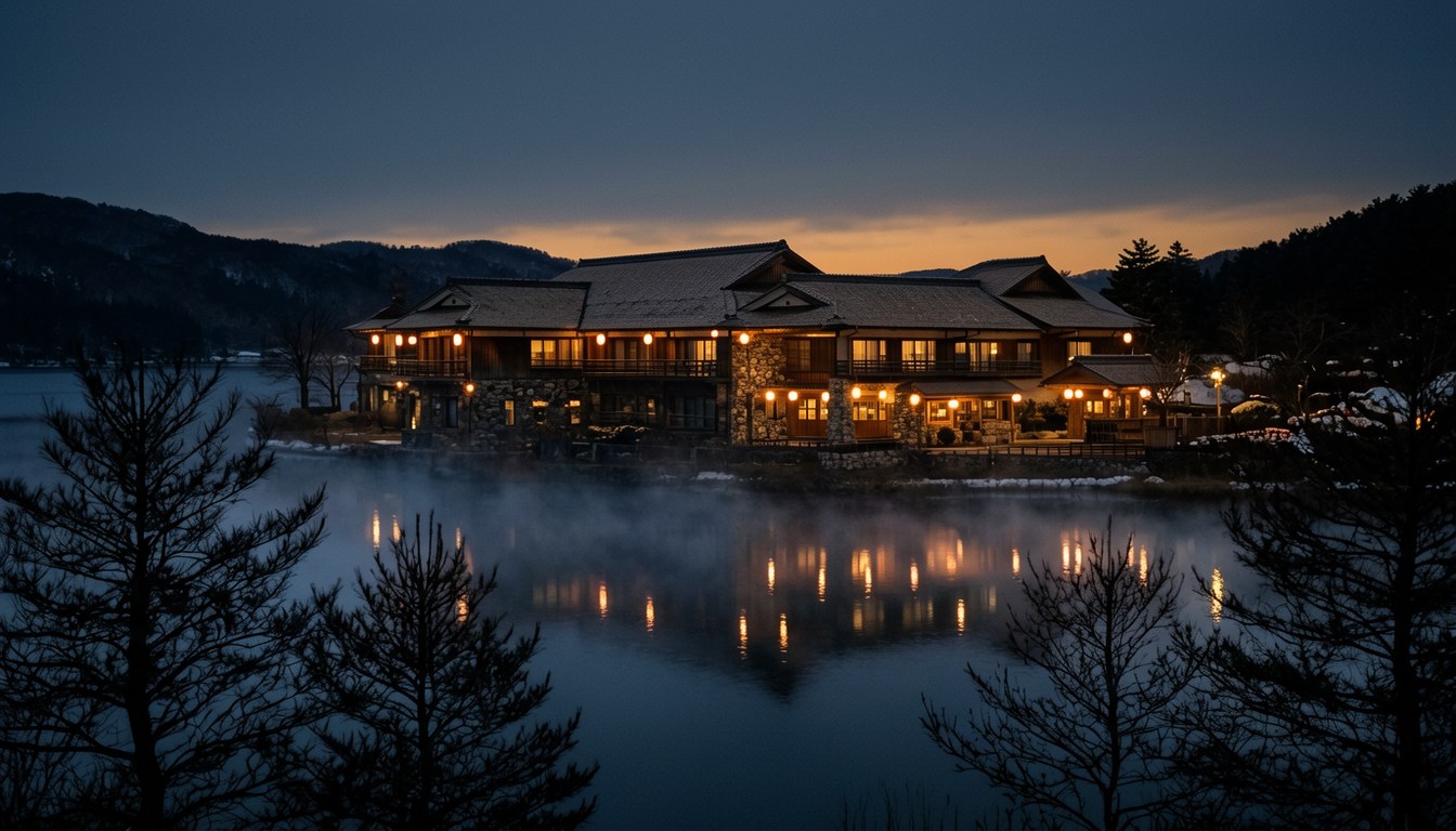 多摩湖畔嘅中國割烹旅館 掬水亭,聖誕前夜燈光亮起(示意)