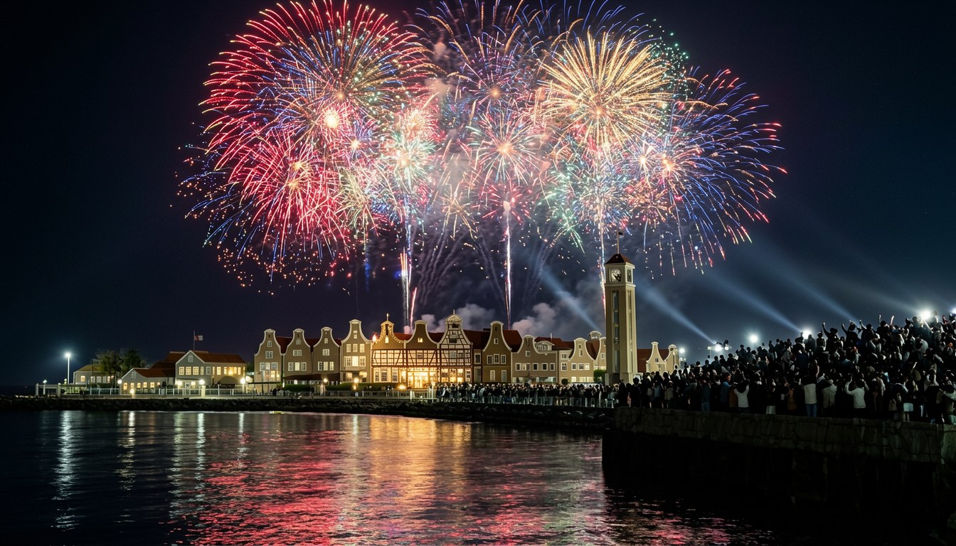 長崎ハウステンボ斯夜景，彩色花火於歐式建築上空綻放