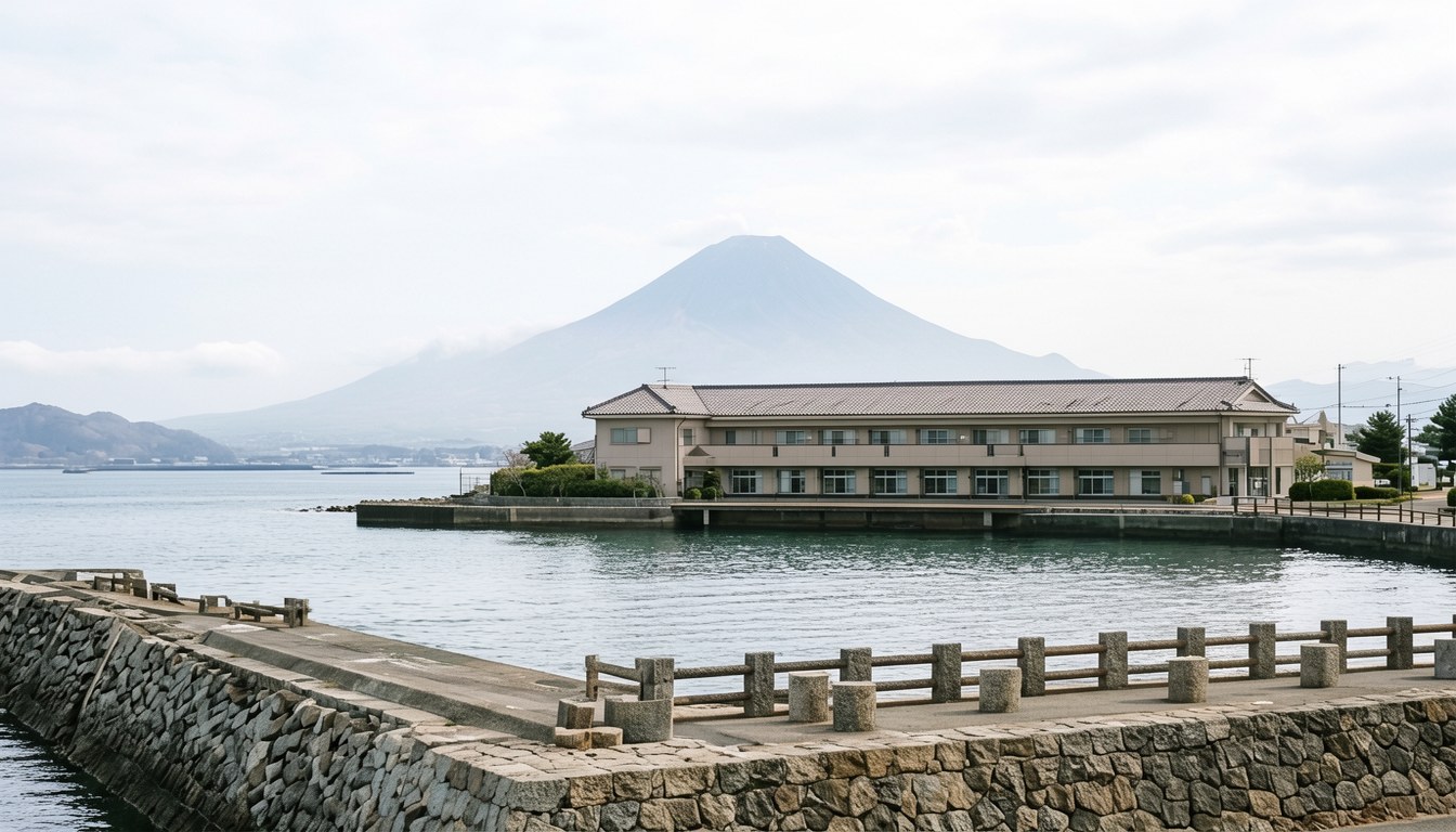 鹿児島市内街景同遠處火山景色示意圖