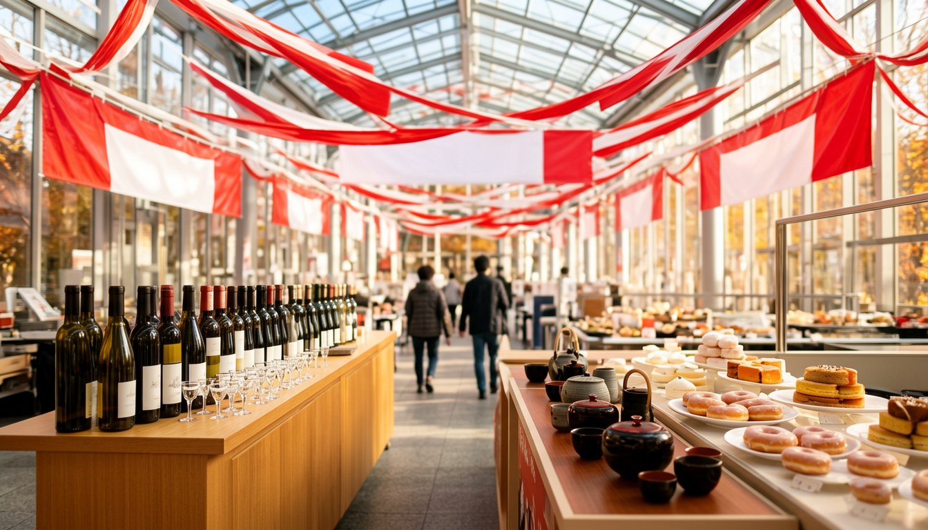 日比谷中央市場內部：多個食檔、酒櫃、陶藝陳列及甜點櫃（寫實示意圖，無人）