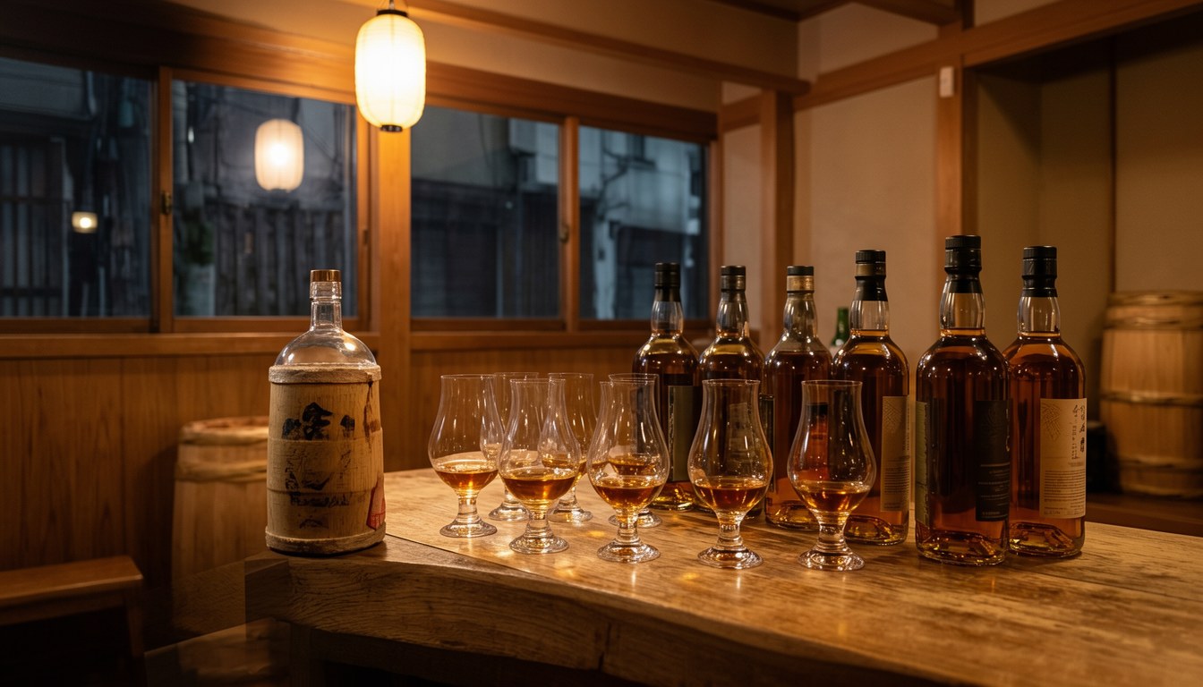 一列威士忌酒瓶擺喺酒吧枱面上,背景有模糊嘅木桶,暖色照明
