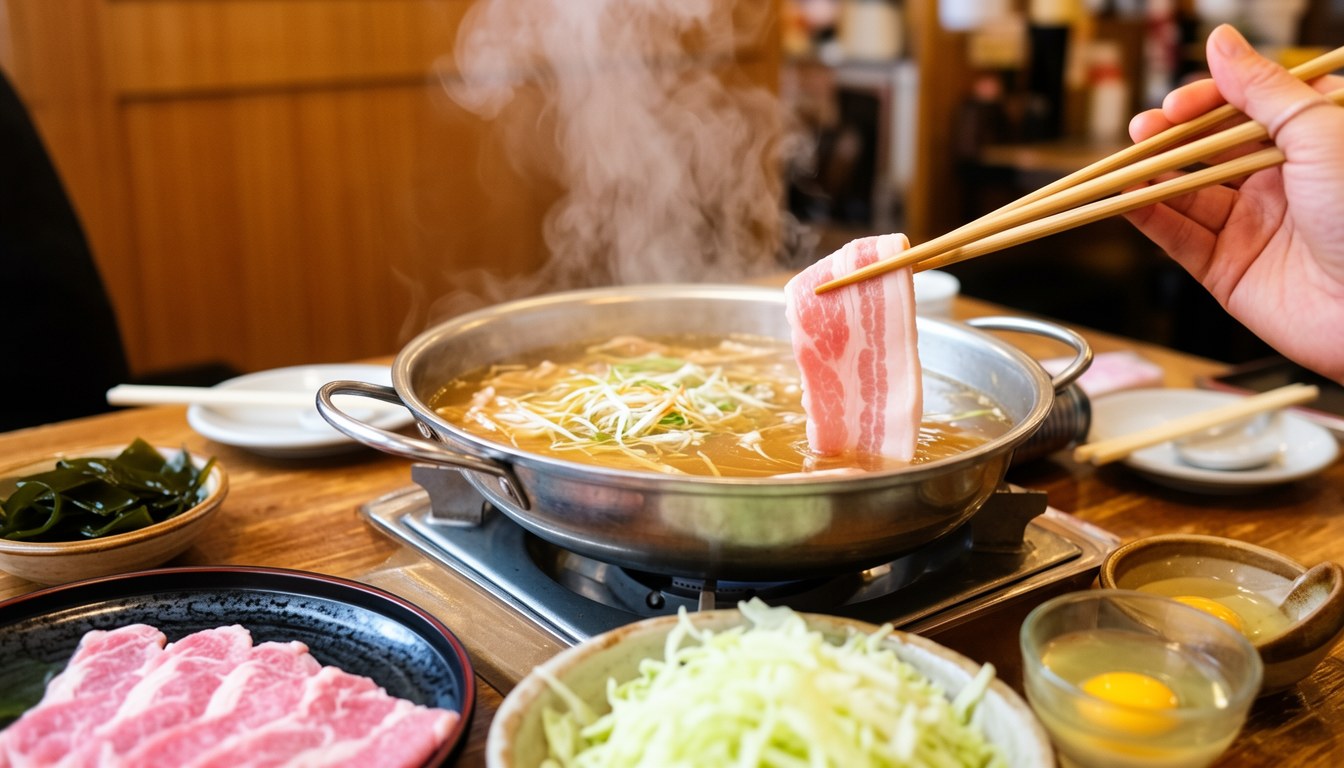 日式涮涮鍋專賣店內景：桌上擺滿薄切Agugu豬、高麗菜同海菜，鍋底自家製高湯正冒泡。