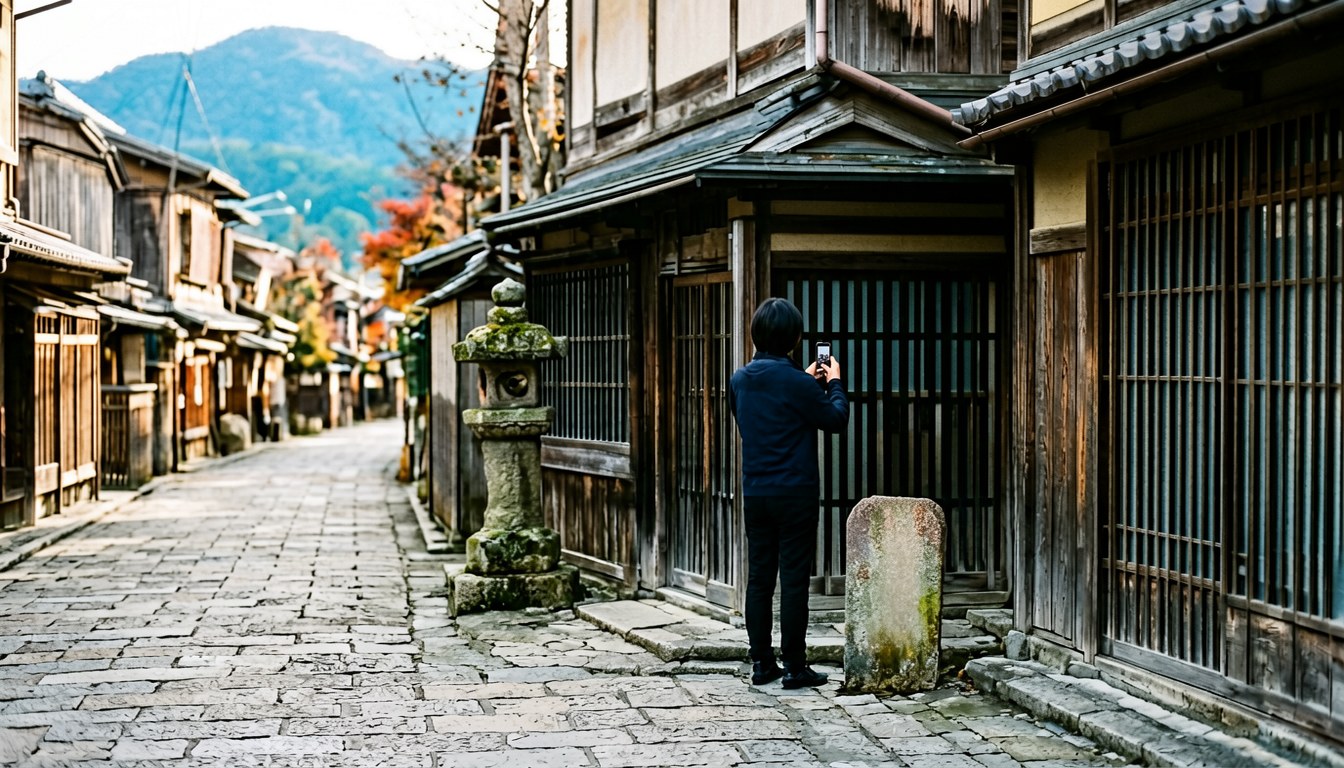 西國街道沿途嘅舊石碑里程碑，背景係秋日樹葉同遠山