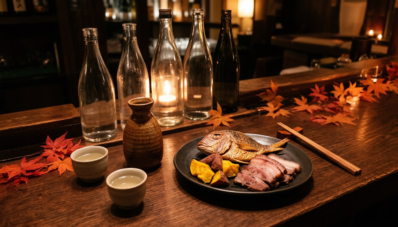 鹿兒島天文館酒店13樓 SOLID BAR 內擺放五款福岡日本酒同配搭料理嘅品鑒檯
