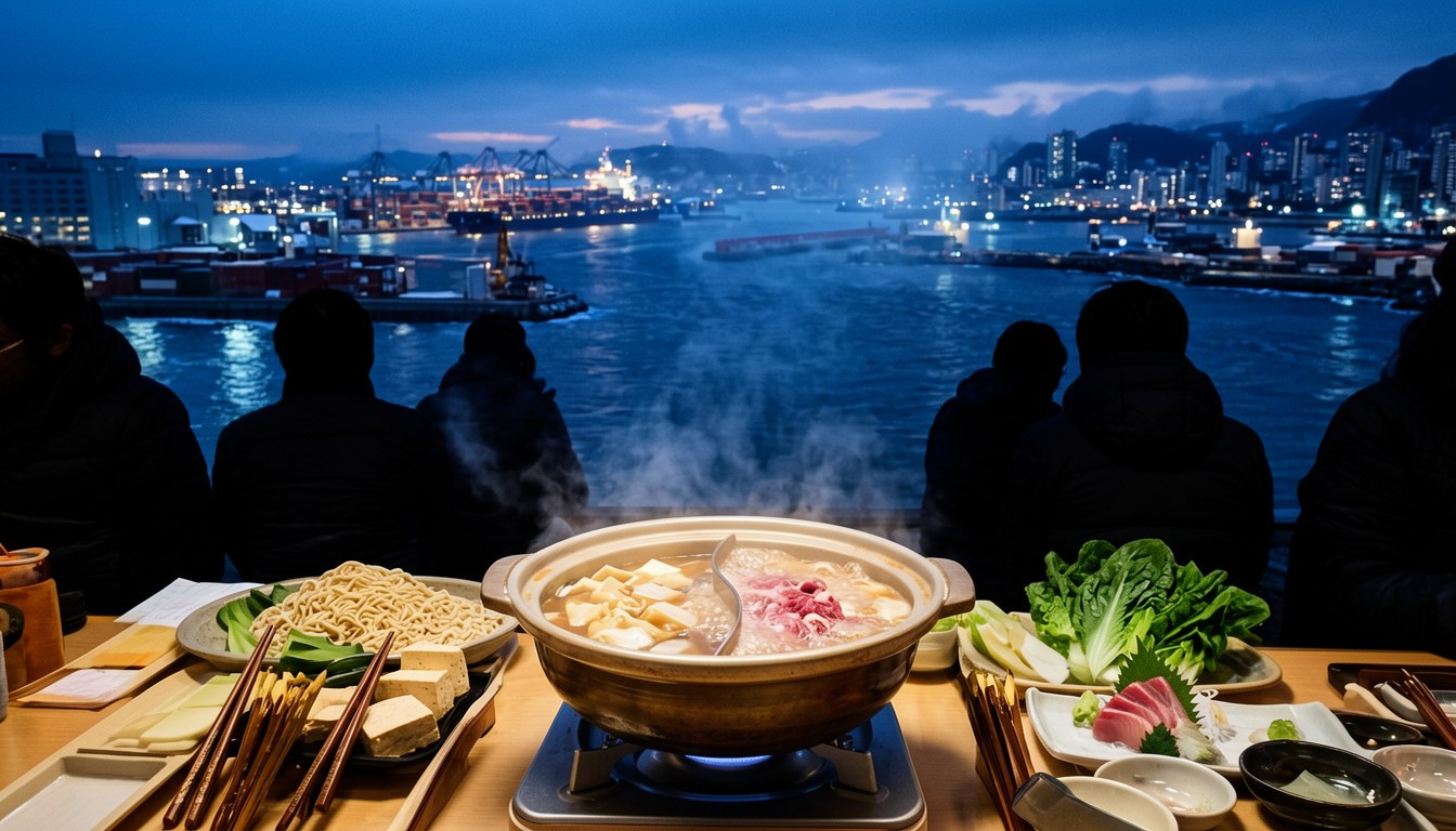神户 TOTTEI PARK 海邊圍爐食鍋，背景係港口夜景