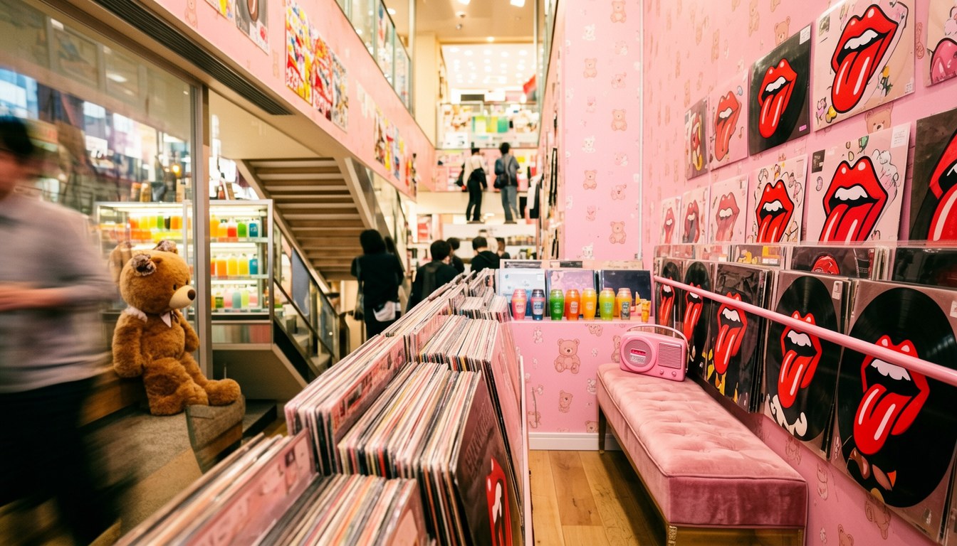 13DE MARZO 澀谷POP-UP店鋪,門囗MARZO BEAR着ギャル扮相迎接訪客,後方有CAFE嘅玩偶杯飲品