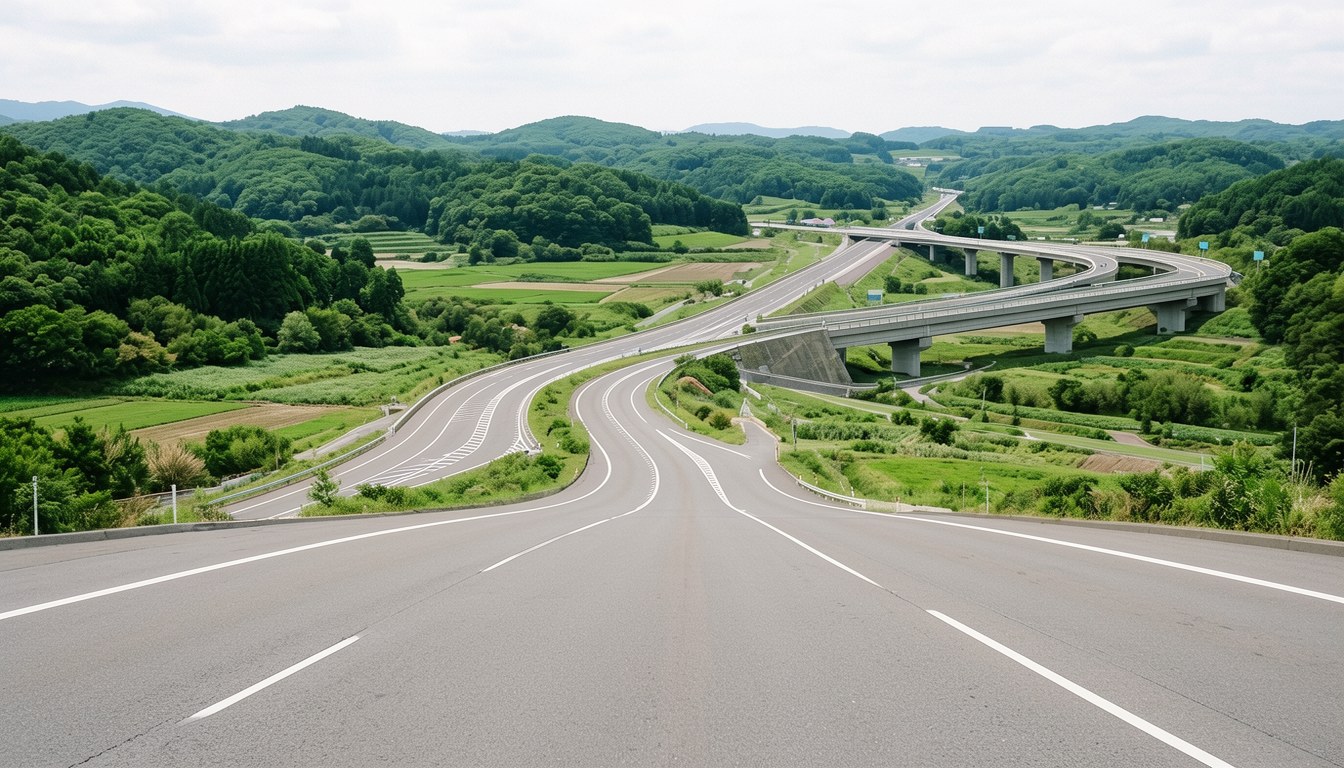 日本高速公路路段，兩車線雙向行駛，行車線清晰，路邊有交通指示牌，無人可見。