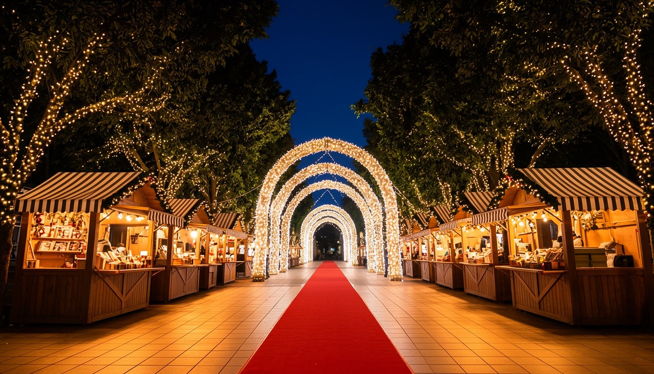 埼玉新都心 COCOON CITY 聖誕市集夜間香檳金色燈光、大型拱門同聖誕小屋