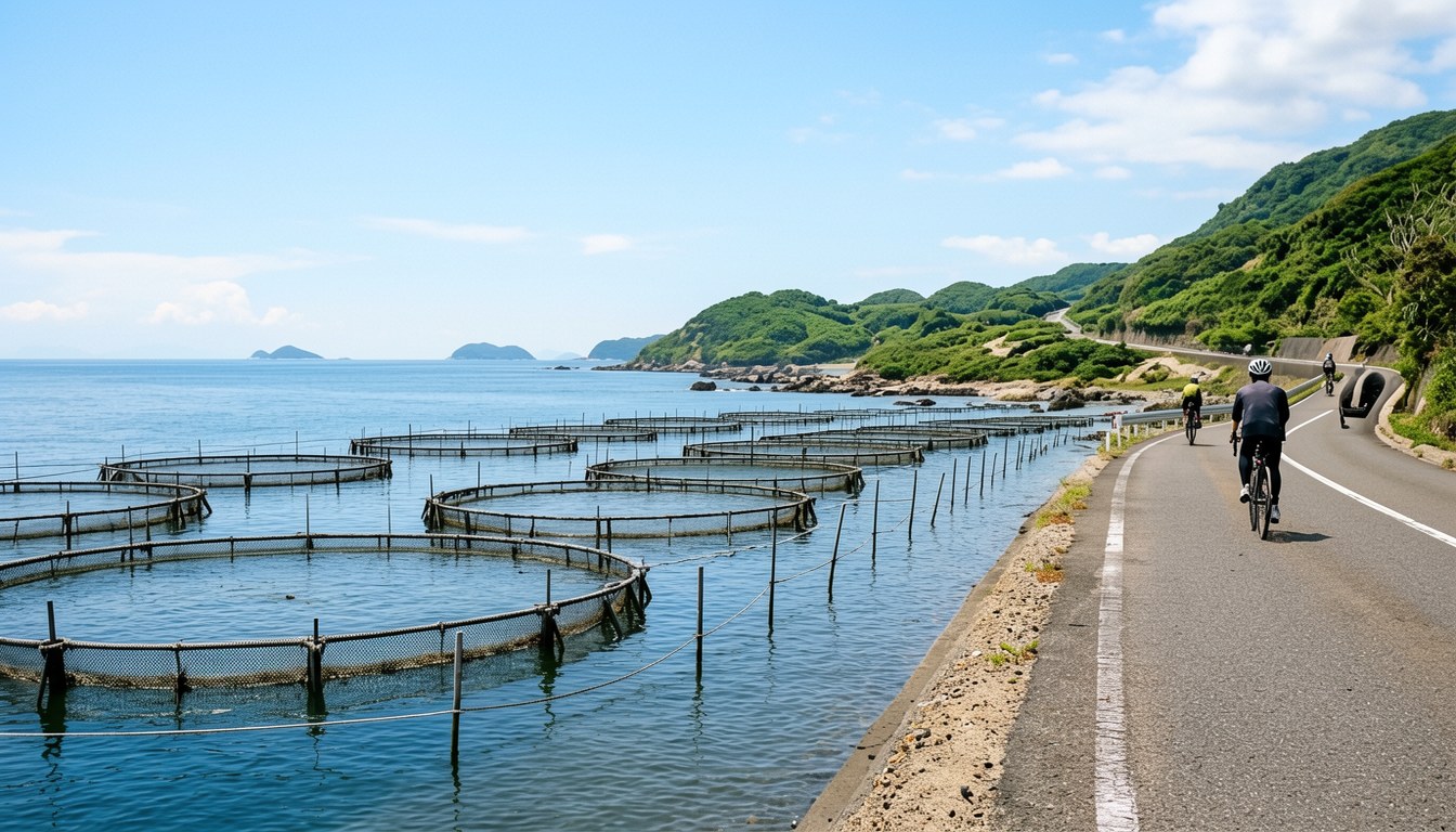 式根島海岸、漁船同單車道嘅日系寫實風景照