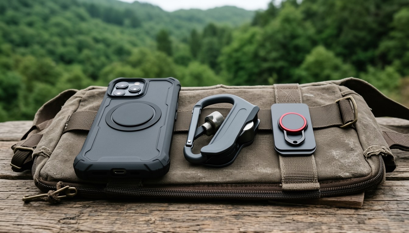 BRIEFING × ROOT CO. 聯名手機配件：iPhone 防震殼、磁吸車線鈎、MagSafe 指環支架陳列喺零售架上