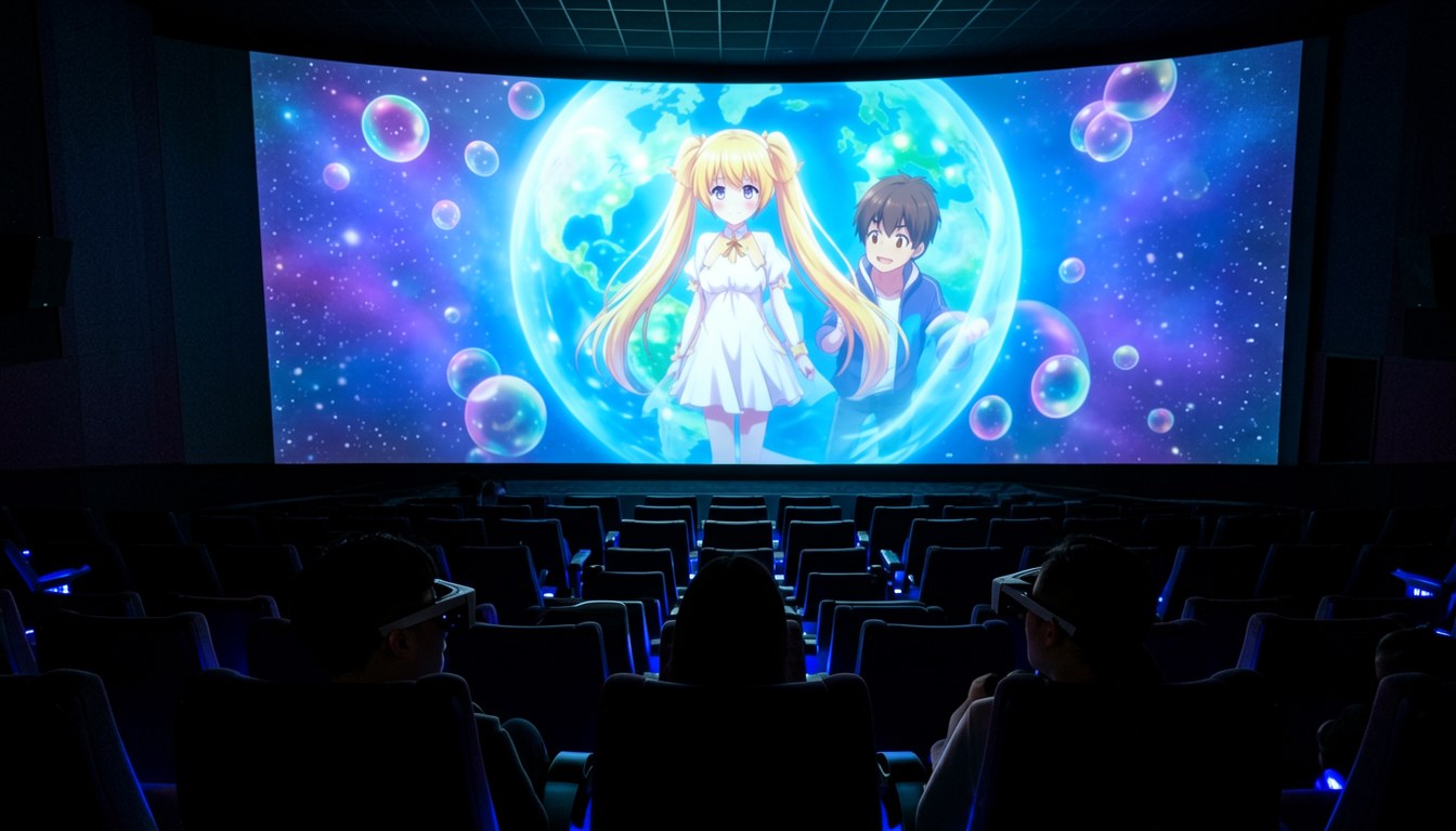 夜幕下嘅日本主題樂園，燈飾閃爍，距離處一個戴星飾頭盔嘅剪影背影走遠