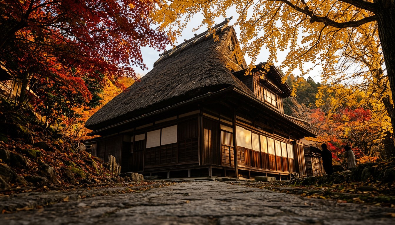 南三陸入谷地區秋日里山風景:傳統日式宅屋同轉色樹木,遠處可見神社
