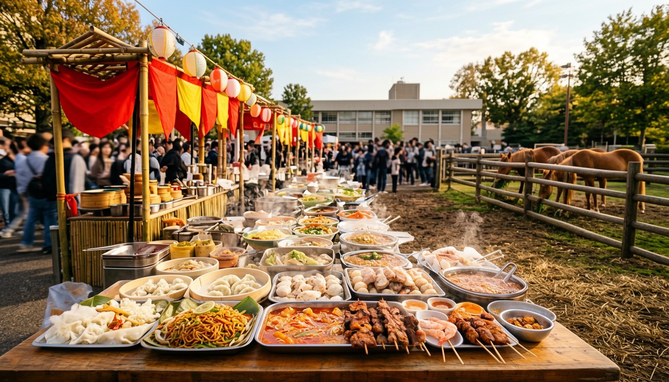 大阪觀光大學校園內嘅大學祭現場，留學生攤販同遊人擠滿校道