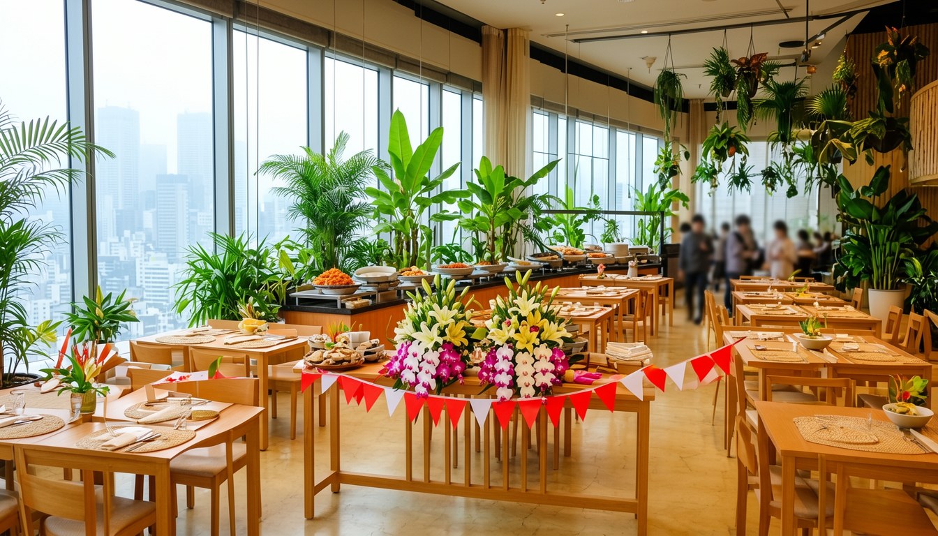 南國風餐廳室內,木質裝飾,明亮自然光,無人,無文字無標識