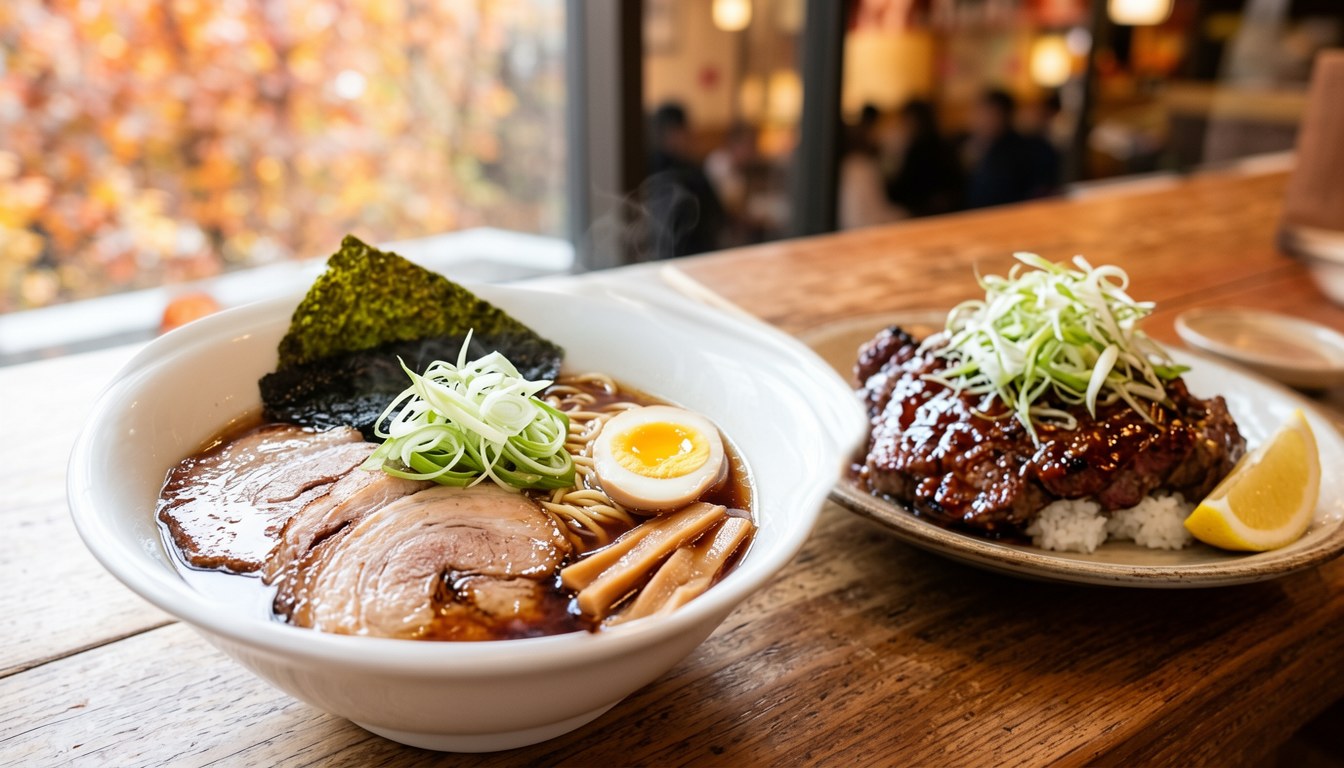 兩碗日式料理：一碗醬油熟成拉麵配蛋同豬肉，另一碗鋪滿九條蔥同生檸檬片的牛烤丼，擺喺餐桌上面。
