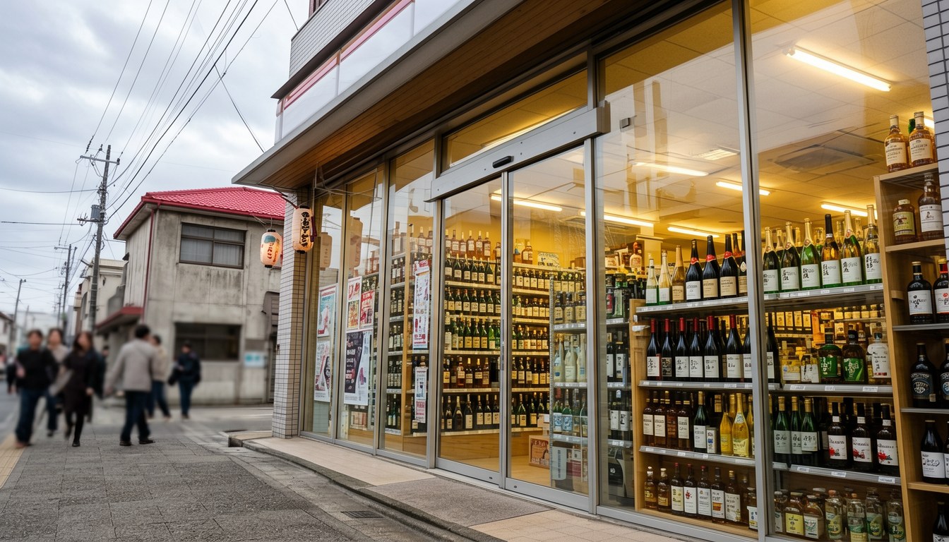 日本酒類專賣店酒架，擺放威忌、紅酒及日本酒瓶，店内燈光暖色