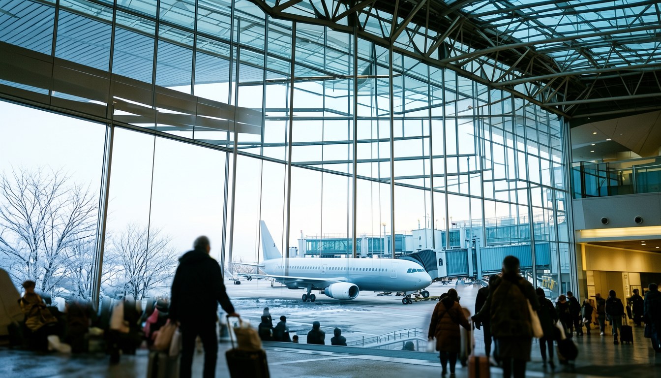 日本航空（JAL）客機喺機場滑行道，機身有白底紅日標誌，遠景