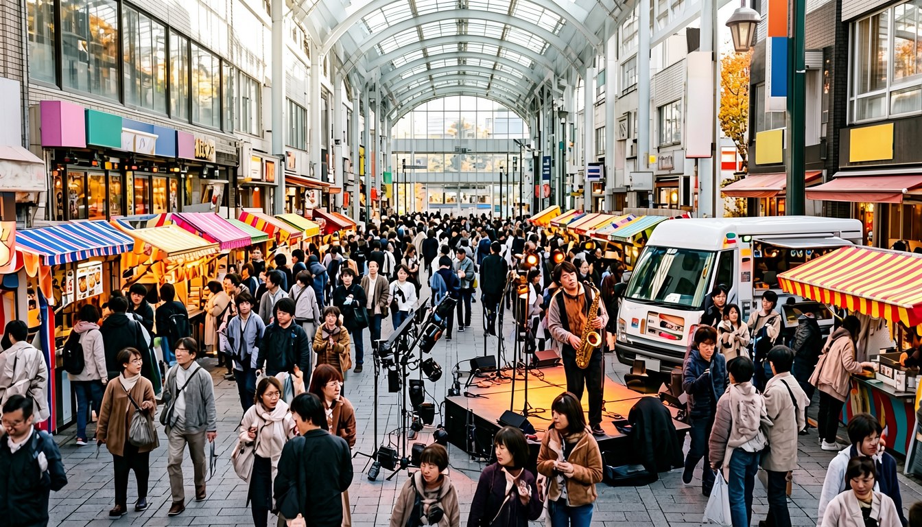 日本地方商店街在節日期間擺出多色攤位與燈飾的热闹景象