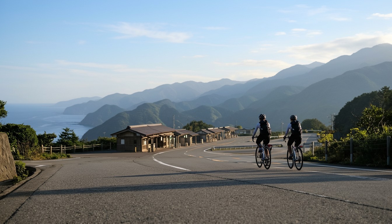 沿日本山路的自行車單車道，遠景有山脈同田野，無人物