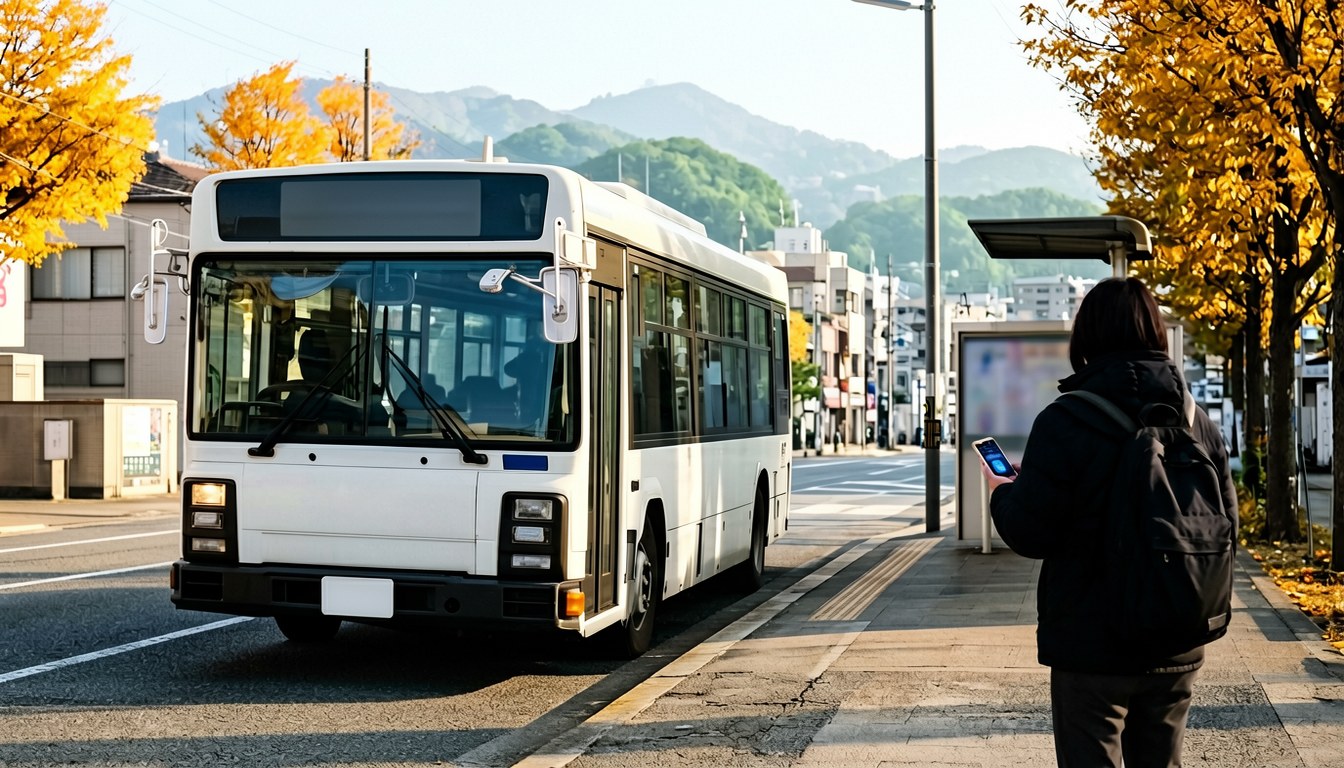 熊本市區巴士站同有軌電車，顯示 AI 行程規劃 App 路線圖