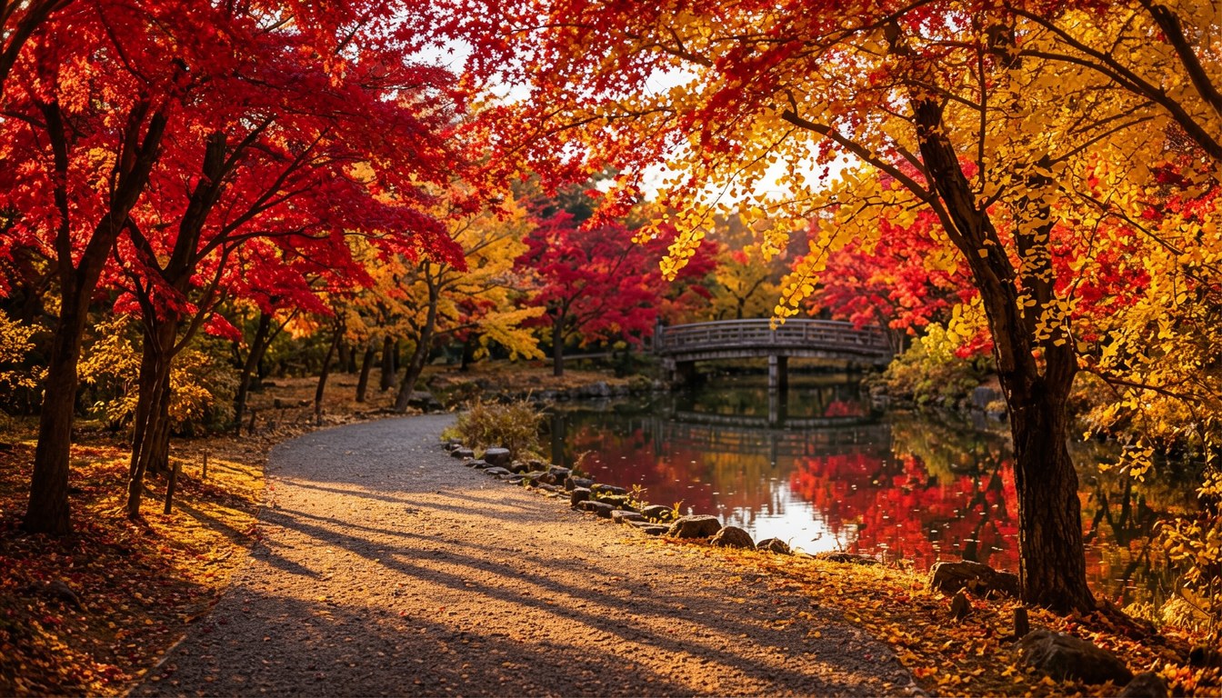 東京都西北角都立公園秋末景色，樹木黃紅交織，遊人遠處散步，日光斜射