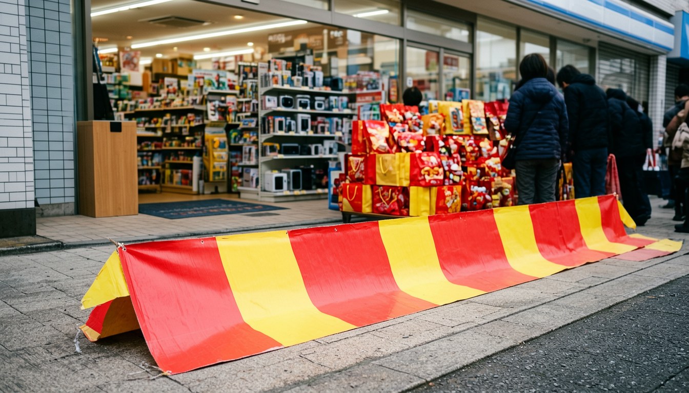 日本折扣店內賣場,貨架滿載商品、紅底促銷標籤,顧客選購中(示意圖)