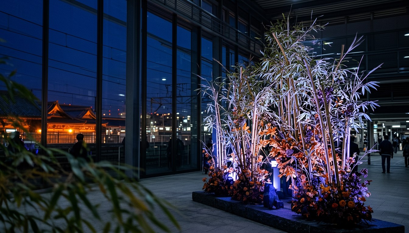 京都駅7F東広場嘅竹藝插花藝術裝置「KAGUYA」,秋季花藝點綴竹林同月夜,夜間有燈光照明