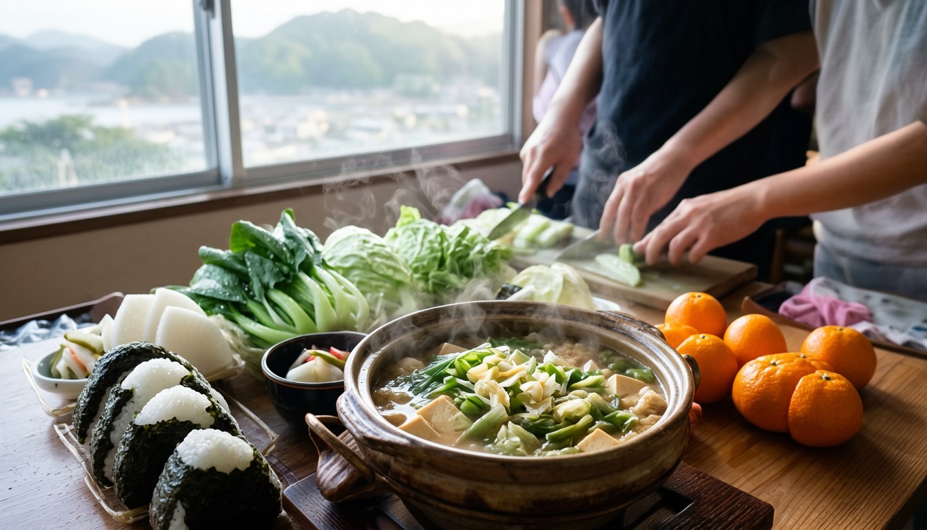 日式料理教室,一大班人圍住圓桌,面前放住味噌鍋同時令蔬菜食材