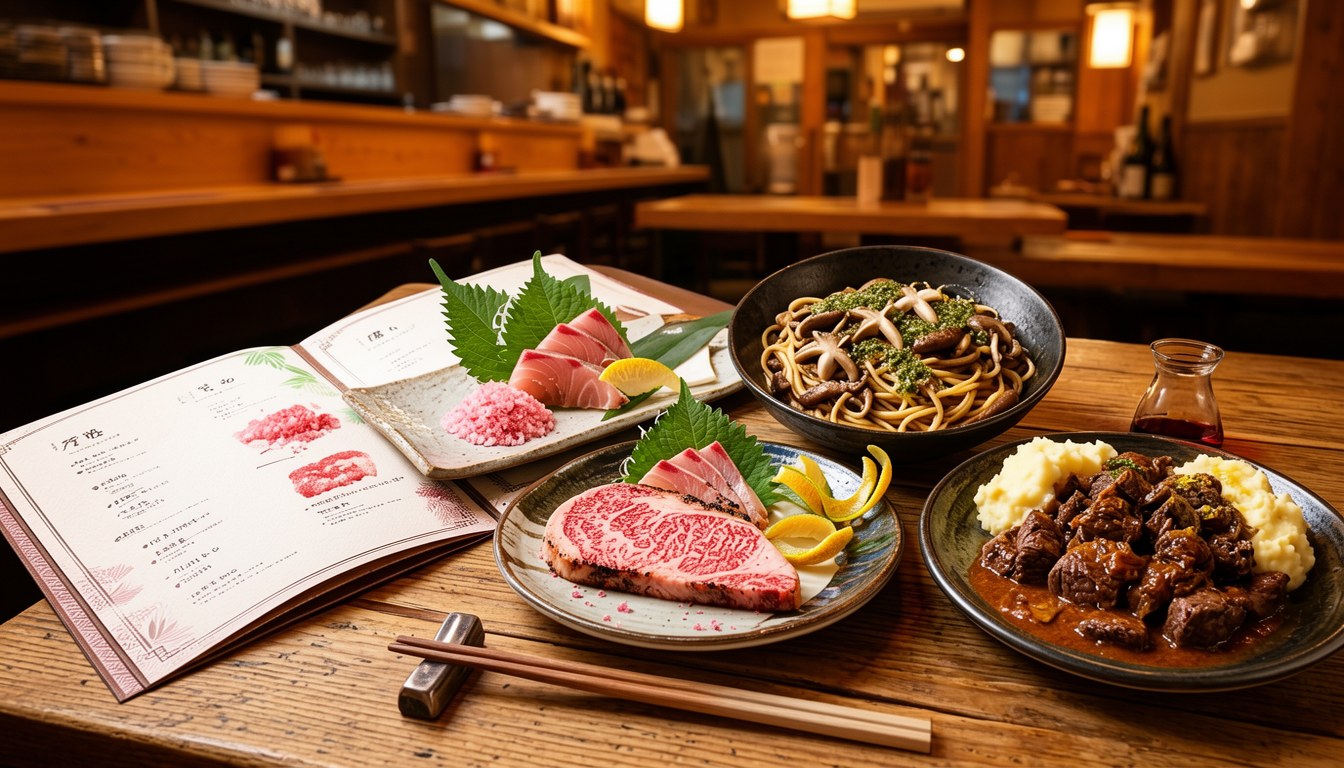 日式酒館內一張擺滿和牛、鰹魚刺身同紅酒的日式限定菜式擺盤