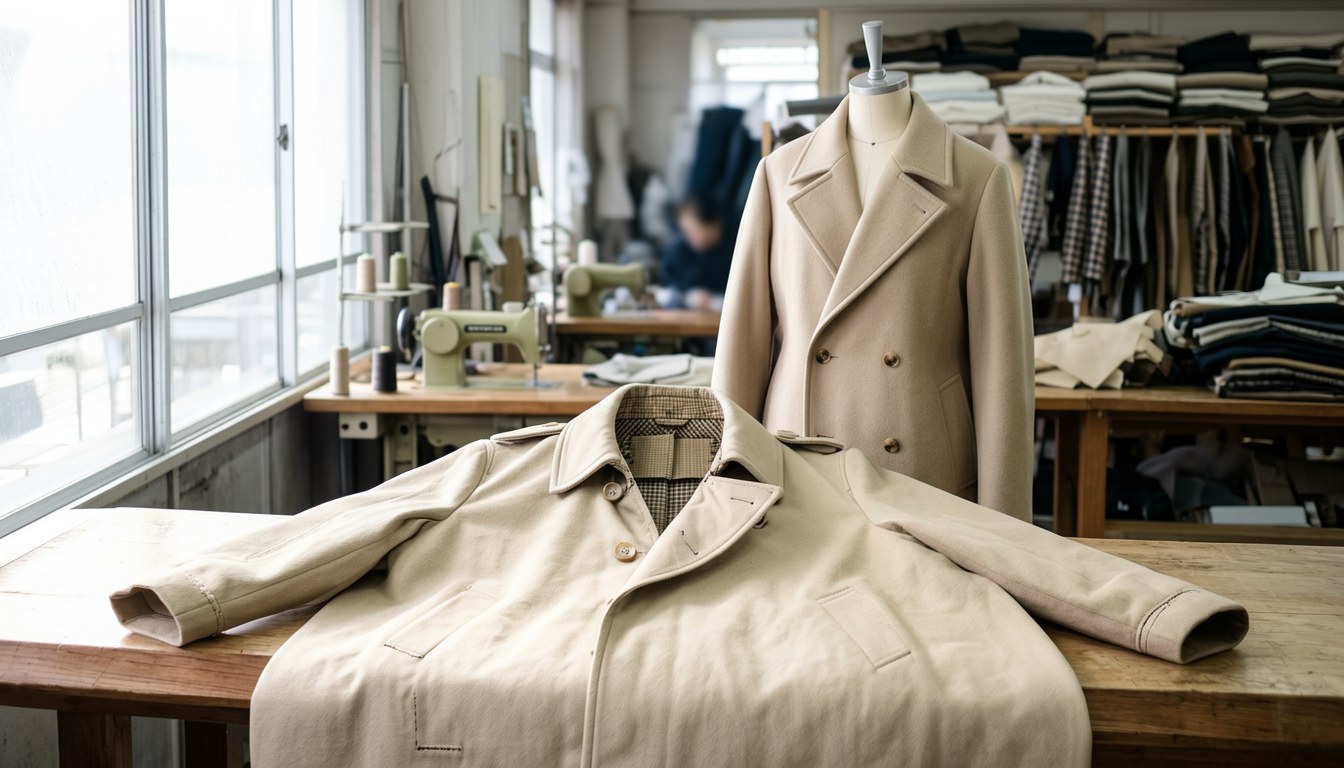 深藍色日本製gabardine大衣喺日本零售店人台展示