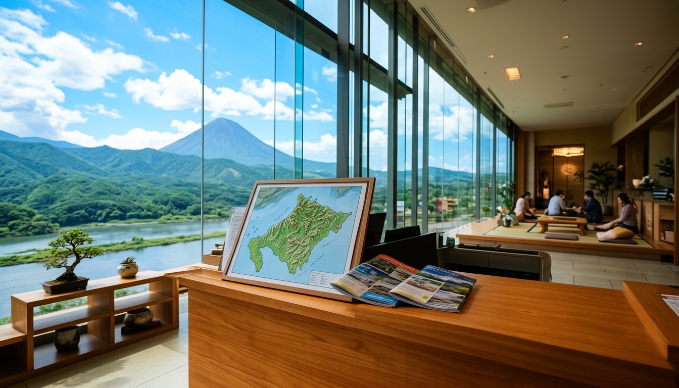 日本九州地區山景及海岸，象徵福岡、長崎、熊本等縣