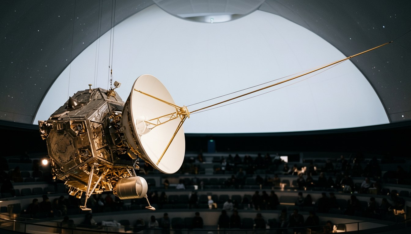 多摩六都科學館內展示嘅旅行者探測器實物大模型，穹頂天文台嘅圓頂背景