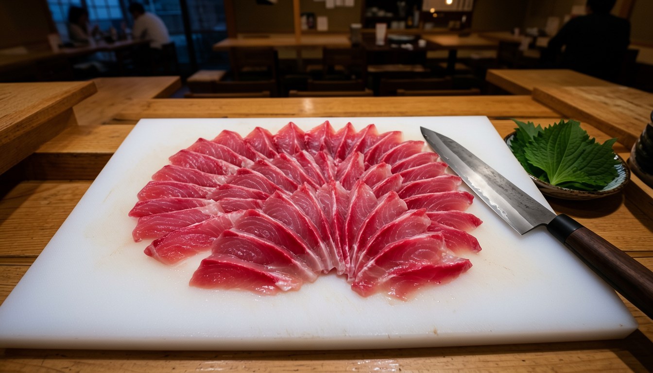 東京新宿區「荒木町 鯨びと」店內，展示未冷凍鯨肉刺身之擺盤