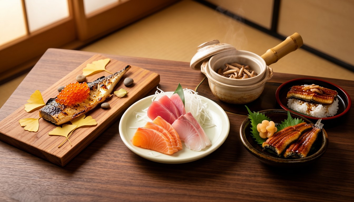 日本の高級和食会席料理のイメージ。焼き鮭、イクラ、刺身、松茸、季節野菜が盛り付けられた複数の皿が並ぶ。