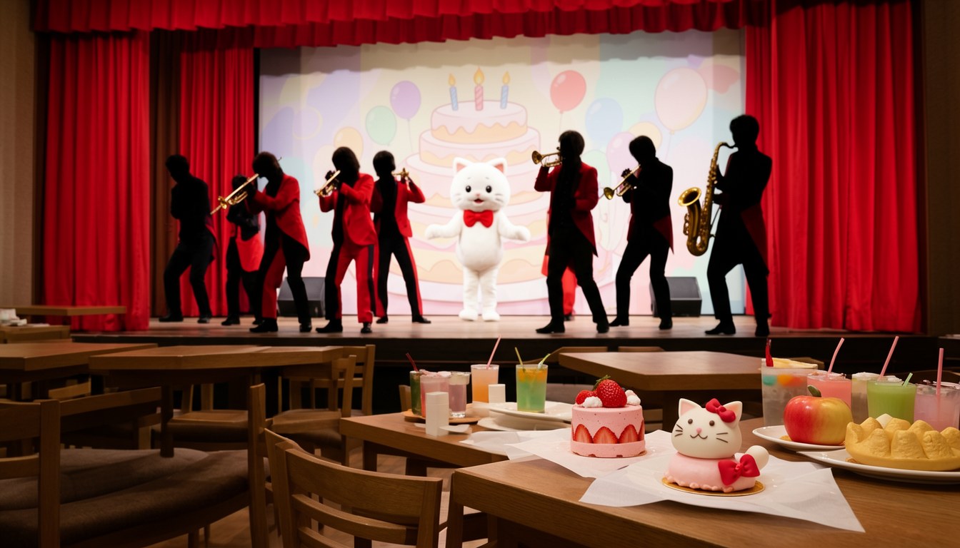 HELLO KITTY SHOW BOX 舞台上 Hello Kitty 主題角色吹喇叭嘅場景示意