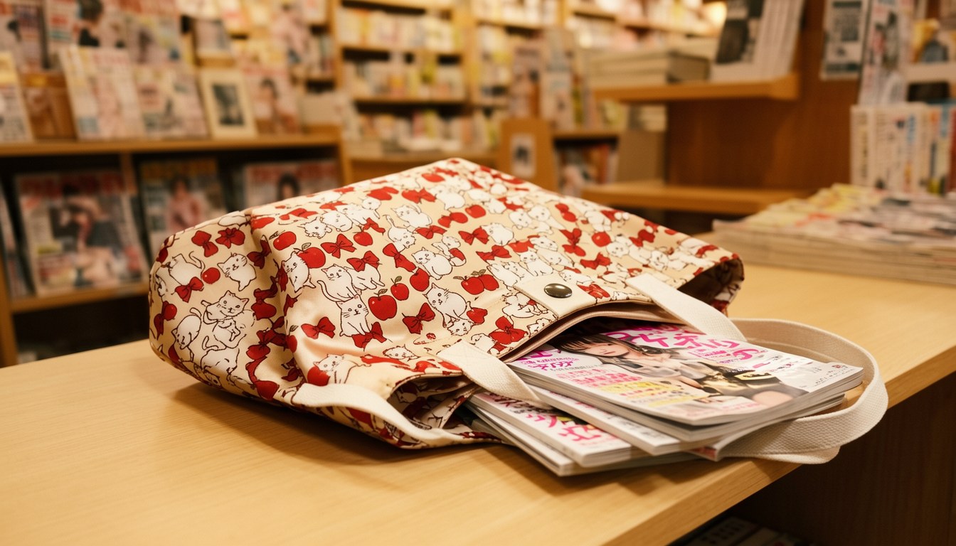 日本書店展示架上嘅 Hello Kitty × SPICK＆SPAN 聯乘絲巾風環保袋同同系列口紅包（示意圖）