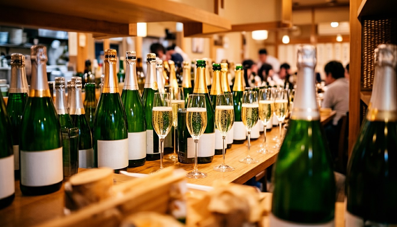 意大利餐館餐桌上兩杯冰鎮Prosecco氣泡酒,細密氣泡,旁邊有鮮海鮮