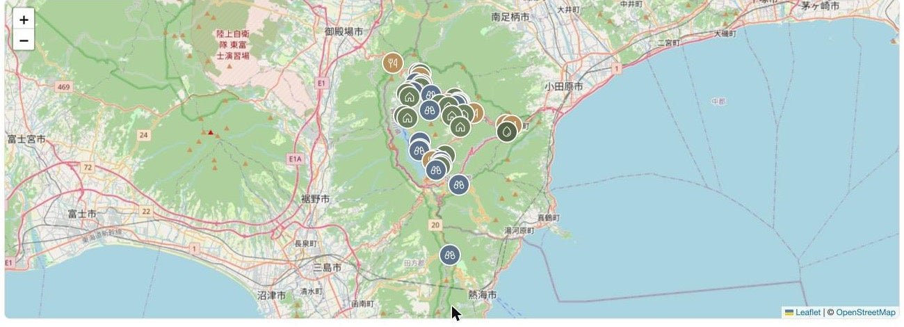 WanWalk 箱根設施地圖,顯示仙石原、蘆ノ湖、強羅、宮ノ下、湯本 5 區嘅愛犬可入場設施