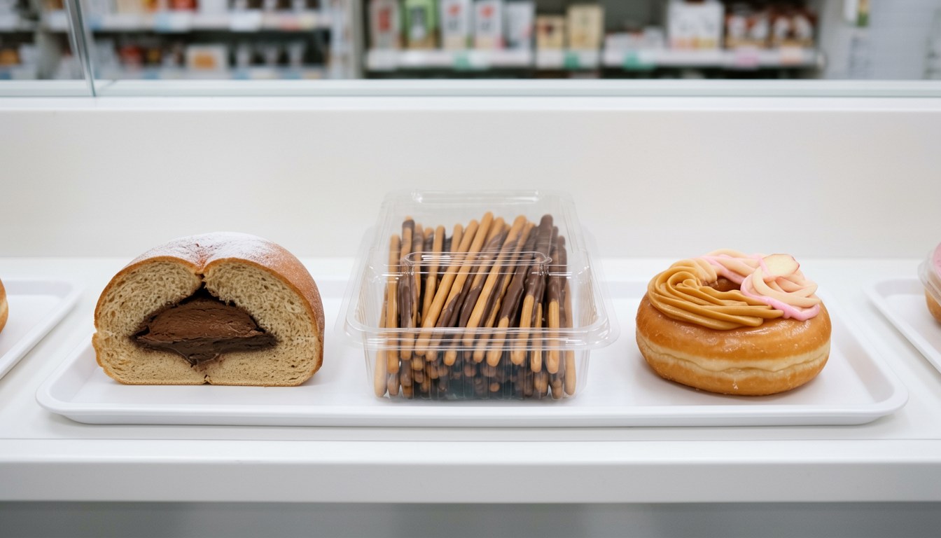 日本便利店貨架上的新食品產品，包括麵包、ポッキー及萬聖節限定甜甜圈
