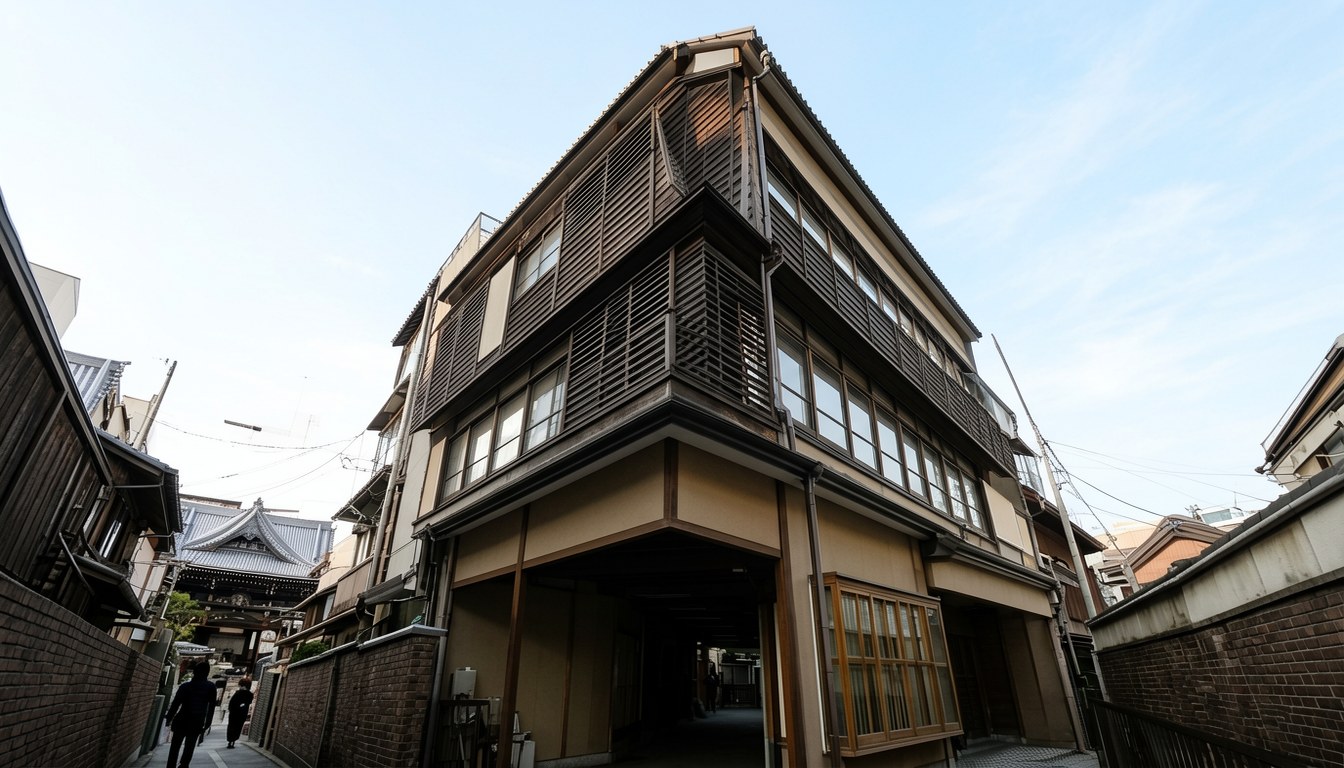 京都六角通街景，木調格柵外牆同玻璃面嘅現代商業建築，夜晚燈光亮起
