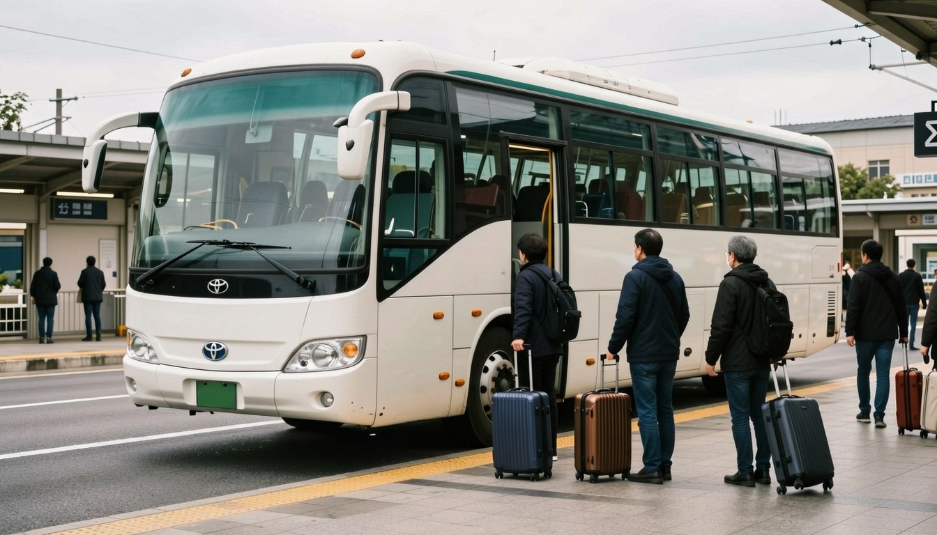 日本境內高速巴士停喺巴士總站月台，旅客帶行李登車，寫實新聞攝影風格，車身冇任何文字或商標。
