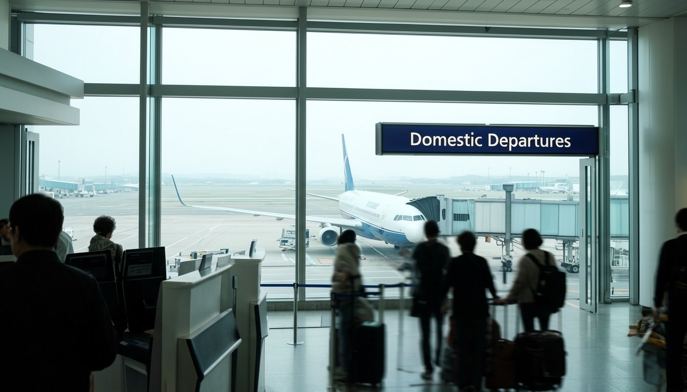關西機場HIS旅行團促銷展示板，列出沖繩、北海道等多個國內旅遊產品優惠
