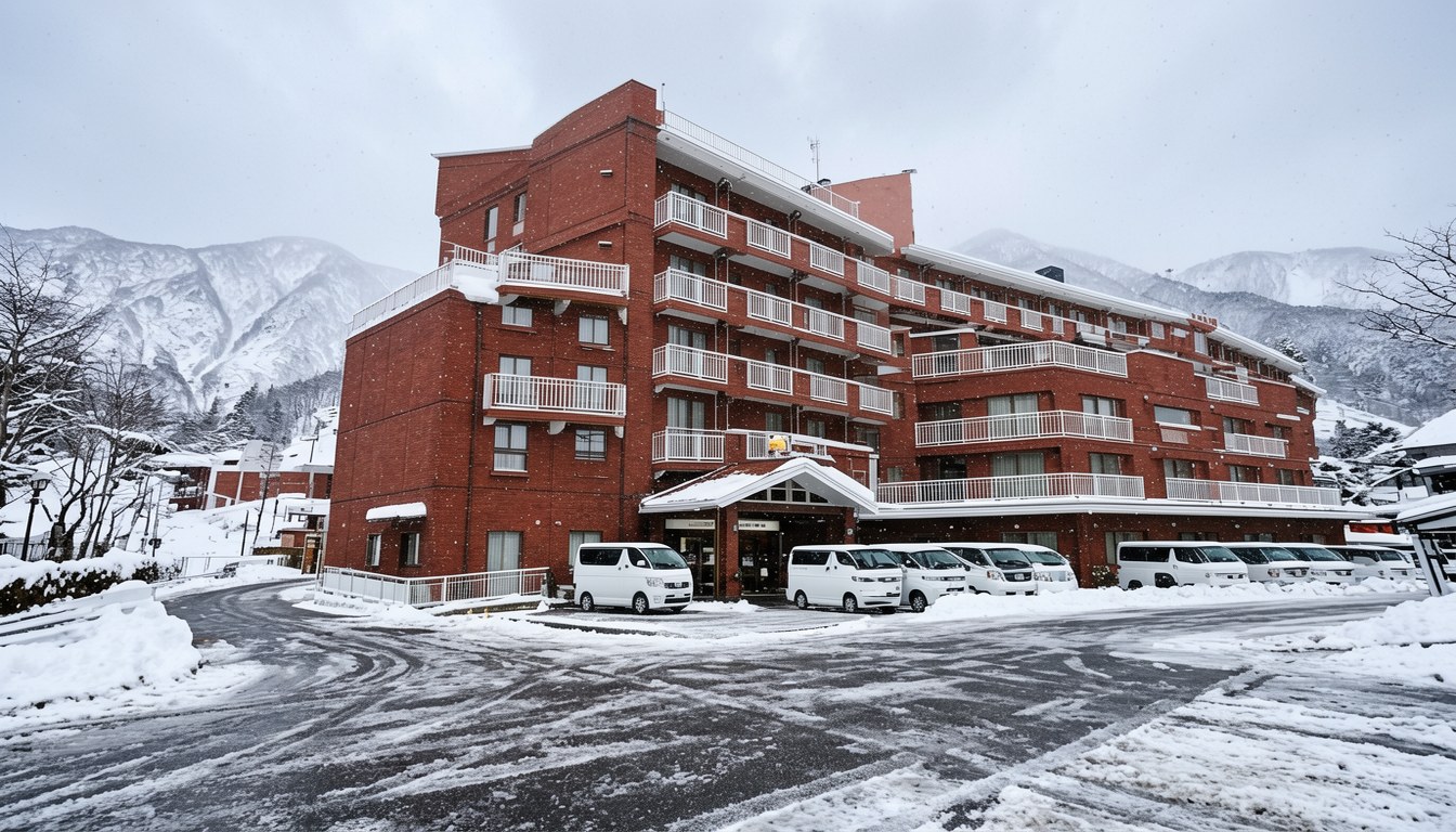 冬季雪山上嘅滑雪者,背景係雪山同纜車