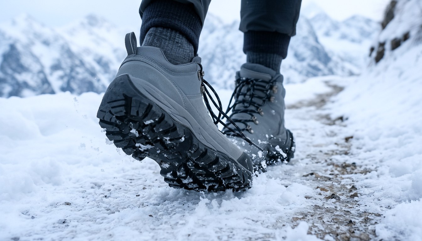 一雙黑色防水户外步行鞋放喺雪地上，厚實抓地大底，無任何人或品牌標誌