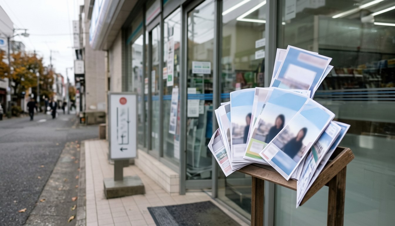 Lawson門店陳列架，堆放leaflet宣傳單張