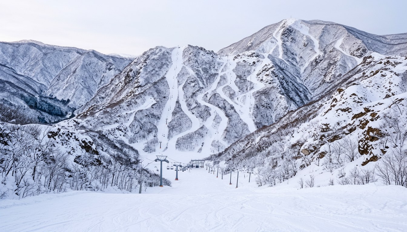 覆蓋厚雪嘅日本新潟高山滑雪場,纜車線穿過雪林